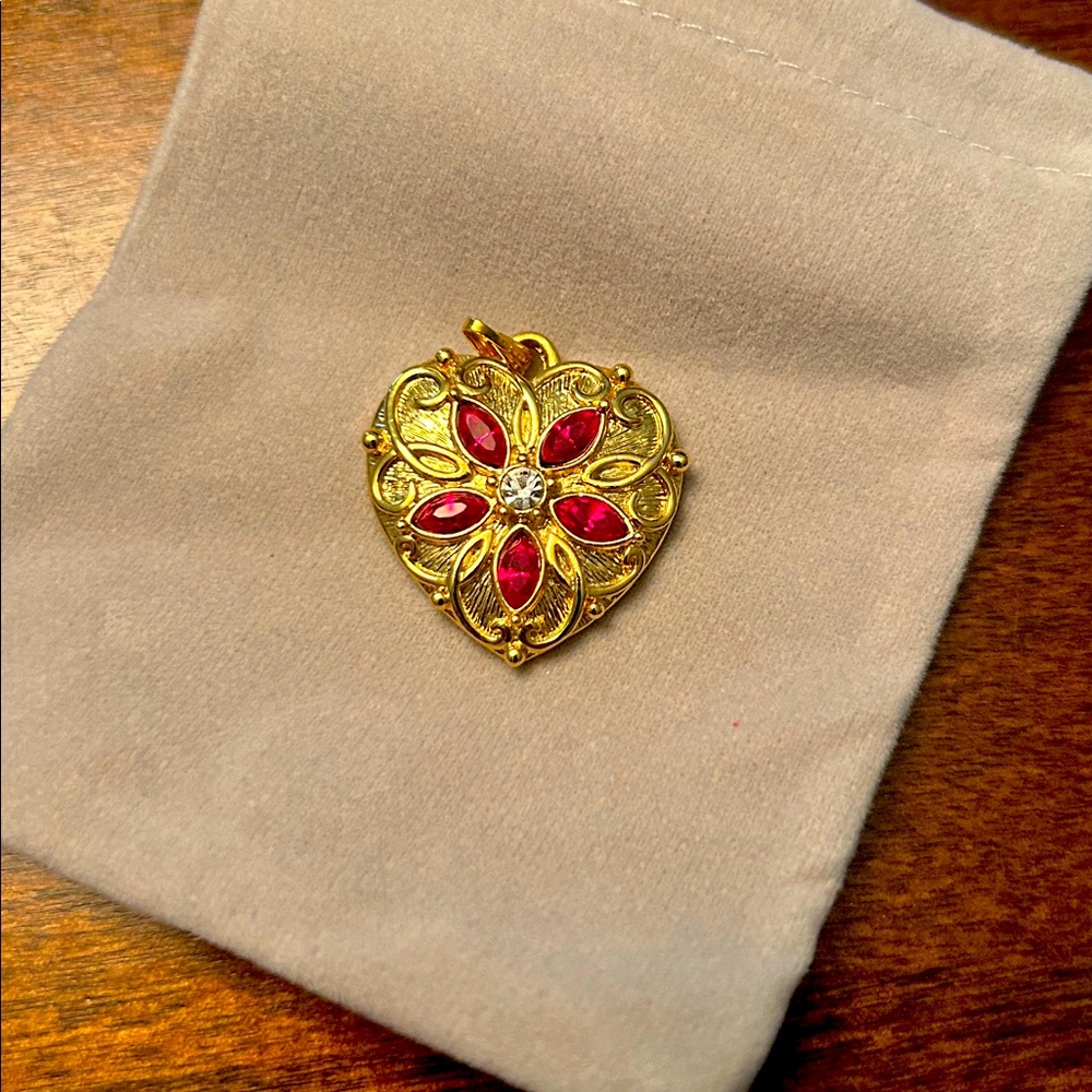 Avon Necklace gold tone w/ heart pendant - red navette & center clear rhinestone